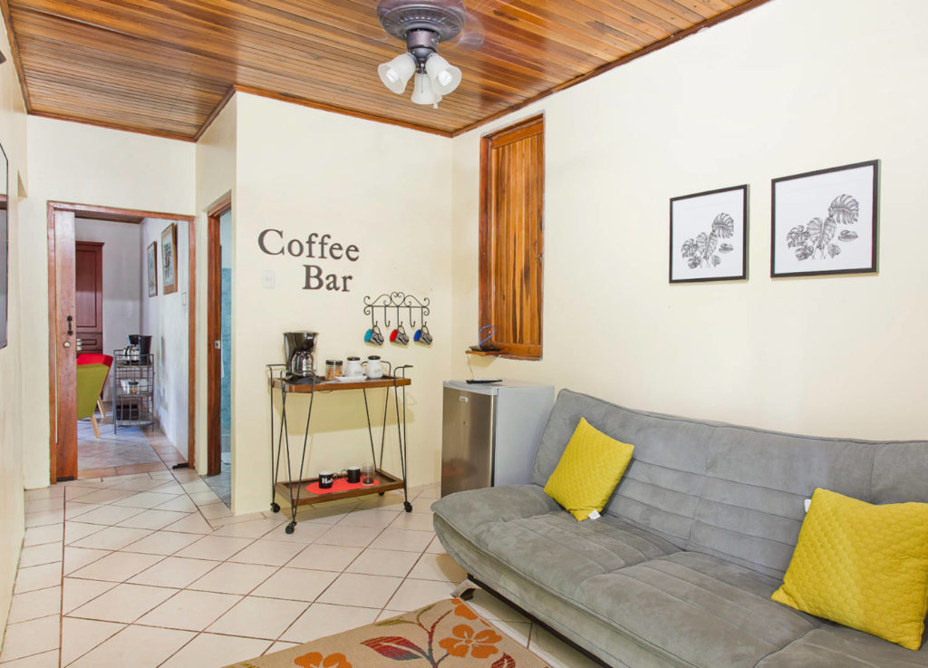 The entrance to the separate casita has a sitting room and coffee bar.