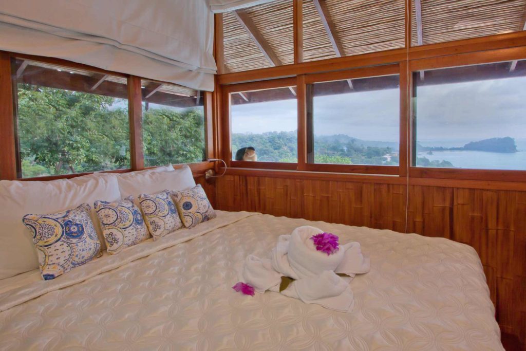 Your very own bedroom with a comfy bed overlooking Manuel Antonio National Park. Somebody is peeking in!