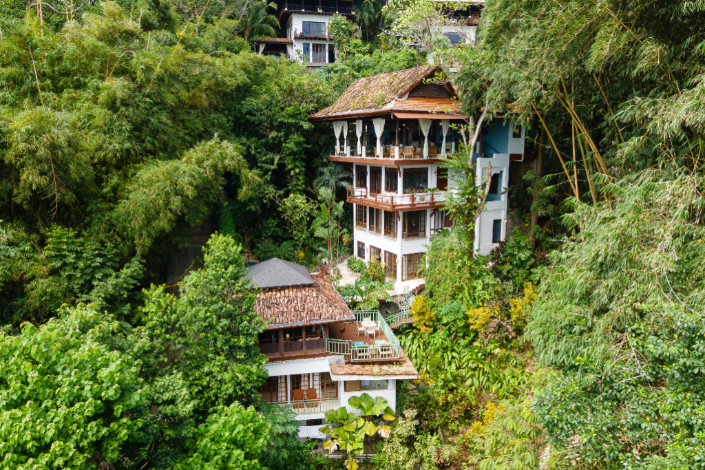 The main house and the pool house are tucked in the lush rainforest.