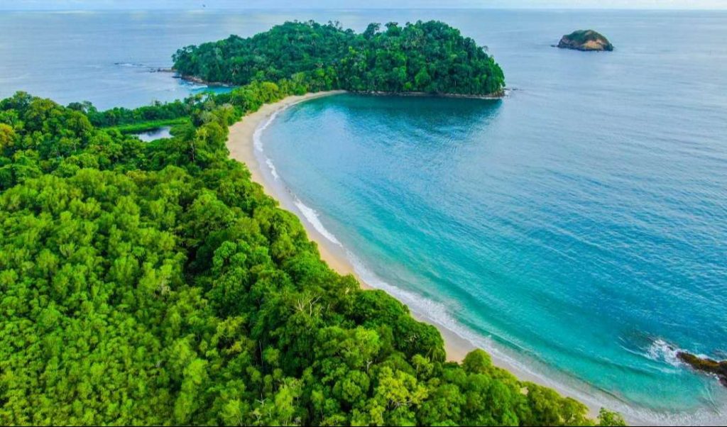 Aerial view of Manuel Antonio National Park coastline and tropical beaches in Costa Rica