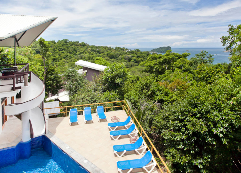 An overhead view of the pool area shows the villa location in the jungle just minutes from the ocean.