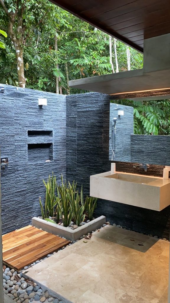 The outdoor bathrooms are stunning in their design and decoration.